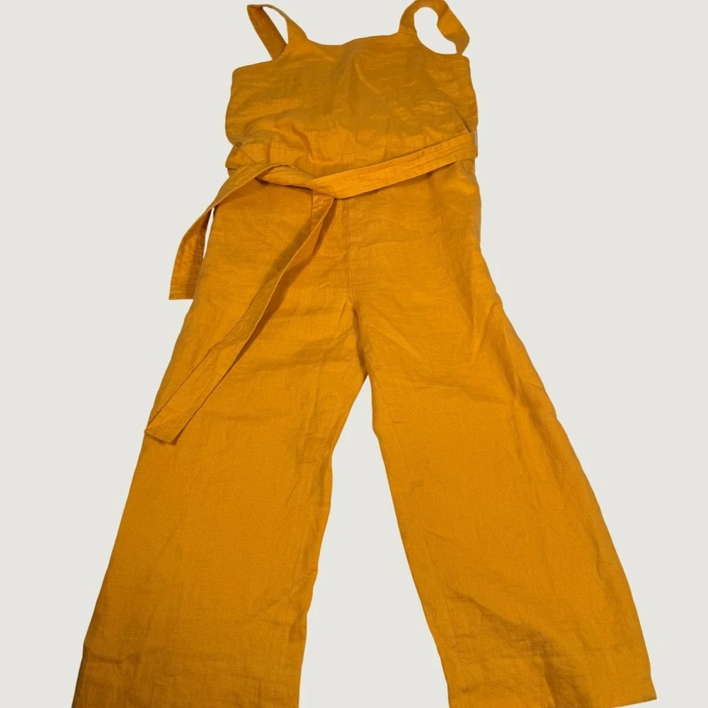 Everlane Linen Wide Leg Crop Jumpsuit 0 Gold/Orange Sleeveless Tie Waist Pockets